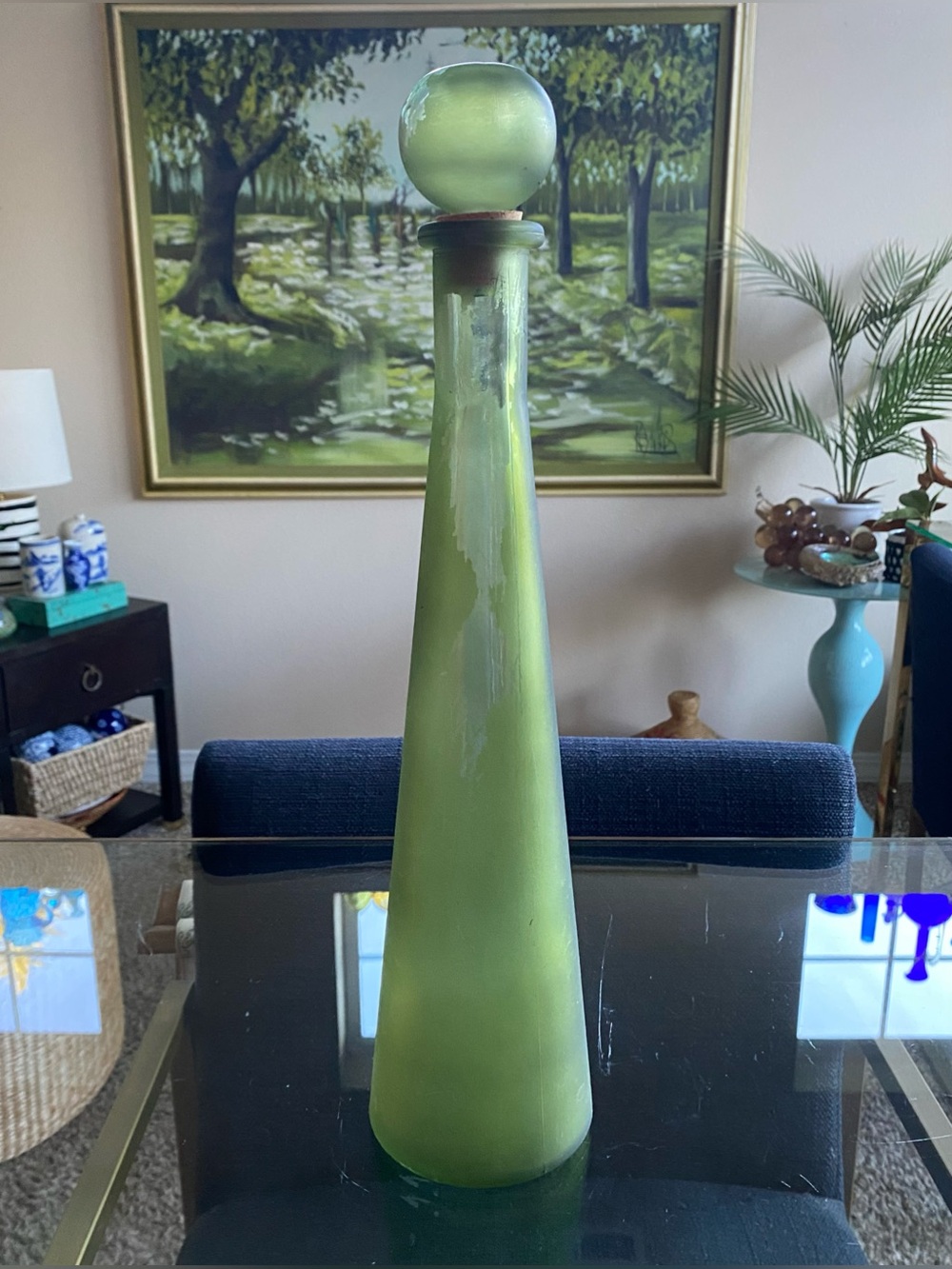 VTG Vidrios San Miguel Recycled Green Glass Decanter Bottle Ball Stopper Spain